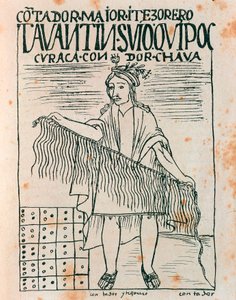 Inca homem segurando um quipu: sistema de contabilidade usando cordas e nós (Desenho a tinta de Felipe Huaman Poma de Ayala