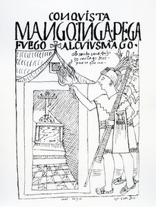 Manco Inca tenta queimar o palácio Inca de Cuyus Mango, que havia sido convertido para o culto cristão, mas Deus intervém (xilogravura) de Felipe Huaman Poma de Ayala
