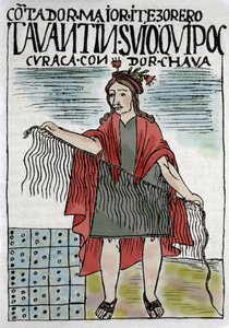 Quipu (Quipo Quipou) Sistema de contabilidade inca em corda e nós, cultura inca 1400-1532 d.C., manuscrito de Felipe Guaman Puma de Ayala (Nueva Coronica y buen Gobierno), colunista indiano do século XVI.