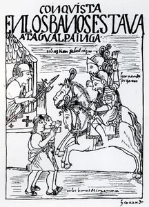 Sebastian de Benalcazar e Hernando Pizarro enfrentam Atahualpa Inca no Royal Baths em Cajamarca (xilogravura) de Felipe Huaman Poma de Ayala