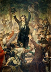 Camille Desmoulins (1760-1794) assediou os patriotas nos jardins do Palais Royal Premiere da revolução francesa em Paris: em 07/12/1789, após a demissão do rei Jacques Necker, Camille Desmoulins assediou a multidão no Palais Royal