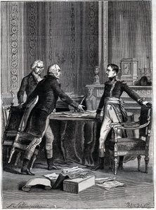 Primeira deliberação dos três cônsules em Peer-Luxemburgo - Napoleão Bonaparte, Emmanuel Joseph Sieyes e Pierre Roger-Ducos 1799 - Gravura de Barbant, depois de Philippoteaux - Primeiro Consulado, 24 Frimaire VIII (15 de dezembro de 1799), primeira reunião