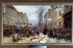 Cena de bombardeio em Paris pelos exércitos prussianos em janeiro de 1871 Guerra de 1870-1871: o cerco de Paris pelo exército prussiano. Pintura de Henri Felix Philippoteaux (1815-1884). Dim. 0,46 x 0,81 m. 1871. Paris, musee Carnavalet - Bombardeio "cena 