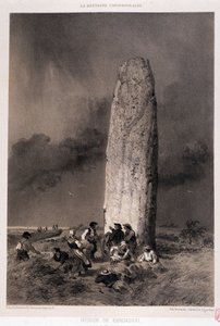 Camponeses ao redor do menir de Kergadiou (Finistere) - em "La Bretagne contemporaine", doente. por Felix Benoist, ed. Charpentier, Paris de Felix Benoist