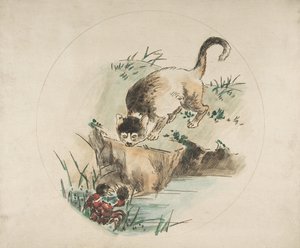 Decoração para um prato: um gato caçando um caranguejo, 1850-1914. de Felix Bracquemond