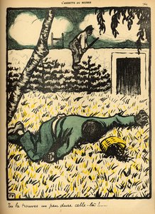 Um camponês atira em um vagabundo pego roubando ameixas de sua árvore, de "Crimes e Punições", edição especial de "L&39;Assiette au Beurre", 1 de março de 1902 de Felix Edouard Vallotton