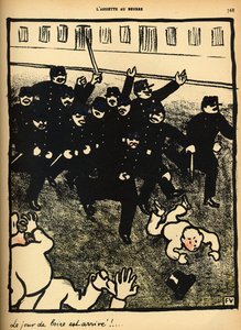 Uma brigada policial encarrega um grupo de manifestantes, de &39;Crimes e Punições&39;, edição especial do &39;L&39;Assiette au Beurre&39;, 1 de março de 1902 (cor lito) de Felix Edouard Vallotton