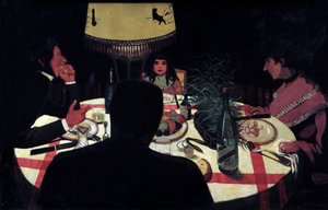Jantar, efeito de lâmpada. A representação do pintor rodeia a sua mulher e os seus lindos filhos. Pintura de Felix Vallotton (1865-1925) Ec. Siga de Felix Edouard Vallotton