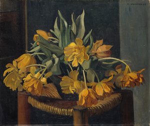 Tulipas amarelas duplas em uma cadeira de vime, 1923 de Felix Edouard Vallotton