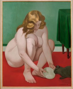 Cócoras mulher oferecendo leite para um gato de Felix Edouard Vallotton
