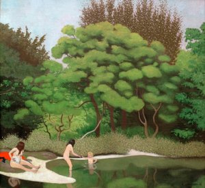 Paisagem ensolarada de vegetação rasteira, com duas mulheres e uma criança de Felix Edouard Vallotton