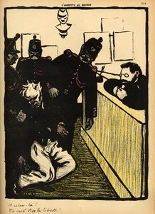 Três policiais trazem um homem espancado em preto e azul para a delegacia de polícia, de &39;Crimes e Punições&39;, edição especial de &39;L&39;Assiette au Beurre&39;, 1º de março de 1902 de Felix Edouard Vallotton