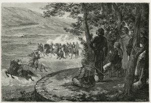 A corrida do djerid, o cavaleiro começou segurando uma vara curta que representava tanto a lança quanto a espingarda; ele a ramificou acima da cabeça antes de jogá-la fora, gravada por F.Regamey, para ilustrar a história Les Ansaries, de Leon Cahun, um cha de Felix Elie Regamey