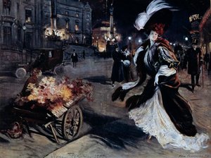 Belle Epoque: Mulher em Egrets, numa rua parisiense, à noite. Ilustração de Felix Fournery (1865-1938)