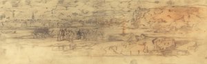 Estuário com um porto fortificado à esquerda e penhascos à direita de Felix Hilaire Buhot