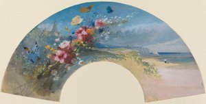 Ventilador com flores silvestres e borboletas contra a costa normanda de Felix Hilaire Buhot
