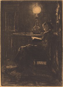 Leitor de Lâmpada (Mulher Lendo à Luz de Lâmpada) de Felix Hilaire Buhot
