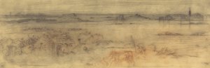 Seascape com uma cidade fortificada à direita, ilhas à esquerda e uma casa de campo em primeiro plano de Felix Hilaire Buhot