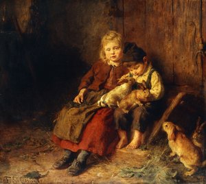 Duas crianças brincando com coelhos,