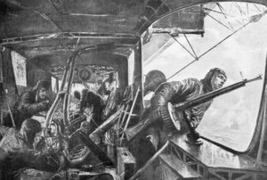 A bordo de um Zeppelin, frota aérea alemã, Primeira Guerra Mundial, 1917.