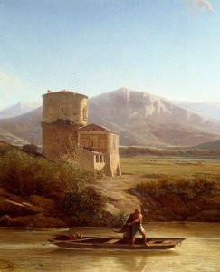 Um pescador nas margens do Tibre na Itália Detalhe. Pintura de Felix Thomas (1815-1875) 1864 Nantes, Musee des Beaux Arts de Felix Thomas