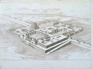 Palácio Khorsabad, vista histórica do sudeste com parte das muralhas fortificadas, ilustração de 