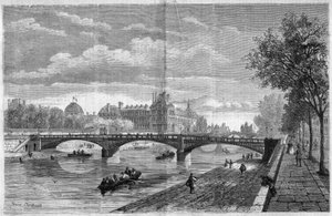 Arquitetura: vista da ponte de Solferino em Paris. Construída pelo engenheiro Paul Martin Gallocher de Lagalisserie (1805-1871) e inaugurada em 1861, foi demoli em 1960 e substituída pela Ponte Senghor (Ponte Solferino). Gravura de Felix Thorigny em