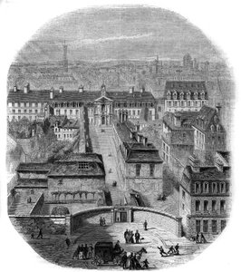 Vista da fábrica de tapeçaria Gobelins em Paris, com o convento dos Capuchinhos, o Observatório e o castelo da rainha Blanche. Gravura de Thorigny de Felix Thorigny
