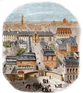 Vista da fábrica de tapeçaria Gobelins em Paris, com o convento dos Capuchinhos, o Observatório e o castelo da rainha Blanche. Gravura de Thorigny de Felix Thorigny