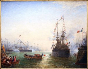 Toulon, visita do Presidente Emile Loubet (1838-1929) às asas francesa e italiana em abril de 1901. Pintura por Felix Ziem (1821-1911), Óleo Sobre Tela de Félix Ziem