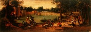 A caça ao javali: um de um par de paisagens de Ferdinand Bol