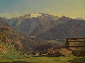 Vista do Dachstein com o Lago Hallstatt a partir da Hütteneckalpe, perto de Ischl de Ferdinand Georg Waldmüller