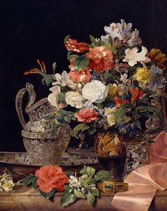 Ramo de flores com recipientes de prata e uma jarra antiga de Ferdinand Georg Waldmüller