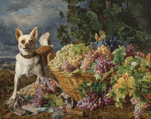Cão a guardar um cesto de uvas com vista para Heiligenstadt e o Danúbio ao longe de Ferdinand Georg Waldmuller