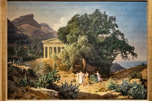 Um templo dórico com Castelmola e Taormina ao fundo de Ferdinand Georg Waldmuller