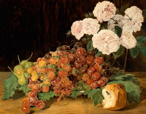 Natureza morta com rosas, morangos e pão