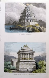 O Grande Farol de Alexandria e o Mausoléu de Halicarnasso, de uma série das "Sete Maravilhas do Mundo", publicado em "Munchener Bilderbogen", 1886