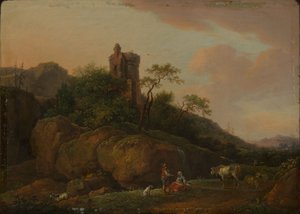 Ruínas de castelo com pastores e rebanho de Ferdinand Kobell