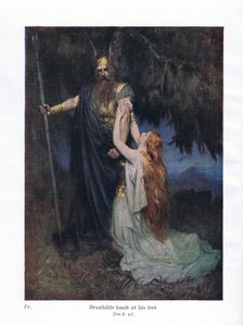Brunhilde ajoelhou-se a seus pés, ilustração do pub The Stories of Wagners Opera. por George Harrap & Co Ltd 1932