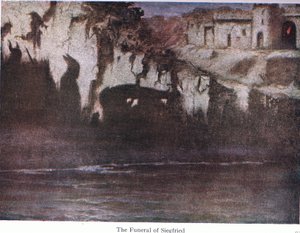 O funeral de Siefried, ilustração das histórias do bar das óperas de Wagners. por George Harrap & Co Ltd 1932