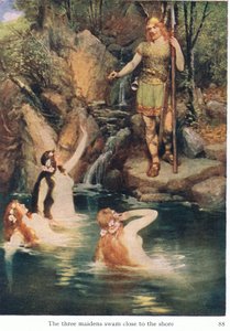 As três donzelas nadaram perto da costa, ilustração do pub The Stories of Wagners Opera. por George Harrap & Co Ltd 1932