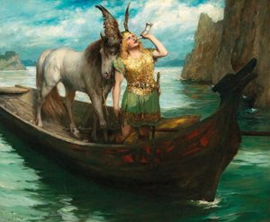 Viagem de Siegfrieds ao Reno. O crepúsculo dos deuses. Cantor Hubert Leuer como Siegfried, 1908.