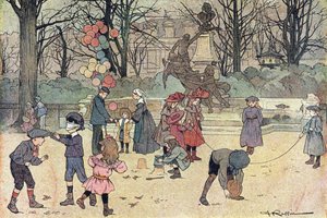 Jogos de colin-aillard, corda de saltar, balão e areia no jardim público, em Imagier de l