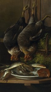 Natureza morta com galinhas e peixes