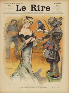 Sátira sobre as relações da França com o Japão à medida que aumentavam as tensões entre os japoneses e a França (cor litho)