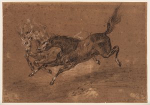 Cavalos a correr (anverso); Homem nu com barba, sentado (verso), c.1800-1899 (giz preto e branco (anverso), giz preto e branco e lavagem castanha (verso), sobre papel preparado castanho) de Ferdinand Victor Eugene (follower of) Delacroix