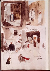Álbum do Norte de África e Espanha: Ruas, paredes e lojas com personagens em pé ou sentados, incluindo o homem de Smirne. Aquarela com tinta e caneta de Eugene Delacroix (1798-1863) 1832 Sun. 0,19x0,12 m Paris, musee du Louvre de Ferdinand Victor Eugene Delacroix