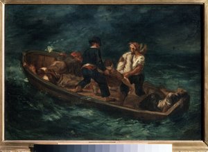 "Após um naufrágio (também conhecido como "Naufrágio Abandonado numa Canoa") Os sobreviventes de um naufrágio numa jangada. Pintura de Eugene Delacroix (1798-1863) 1847 Pushkin Museum of Fine Arts, Moscovo de Ferdinand Victor Eugene Delacroix