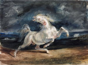 Cavalo assustado por um raio - Delacroix, Eugene (1798-1863) - 1825-1829 - Aguarela, Gouache sobre papel - 23,6x32 - Szepmuveszeti Muzeum, Budapeste de Ferdinand Victor Eugene Delacroix