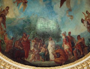 Descida a Limbes: o grupo dos ilustres: da esquerda para a direita, Demóstenes (sentado), Xenofonte, Platão e Sócrates, Aspasie (branco), Apelle, Alexandre o Grande, Aristóteles e Aquiles sentado. Pintura de Eugene Delacroix (1798-1863) decorando a cúpula de Ferdinand Victor Eugene Delacroix